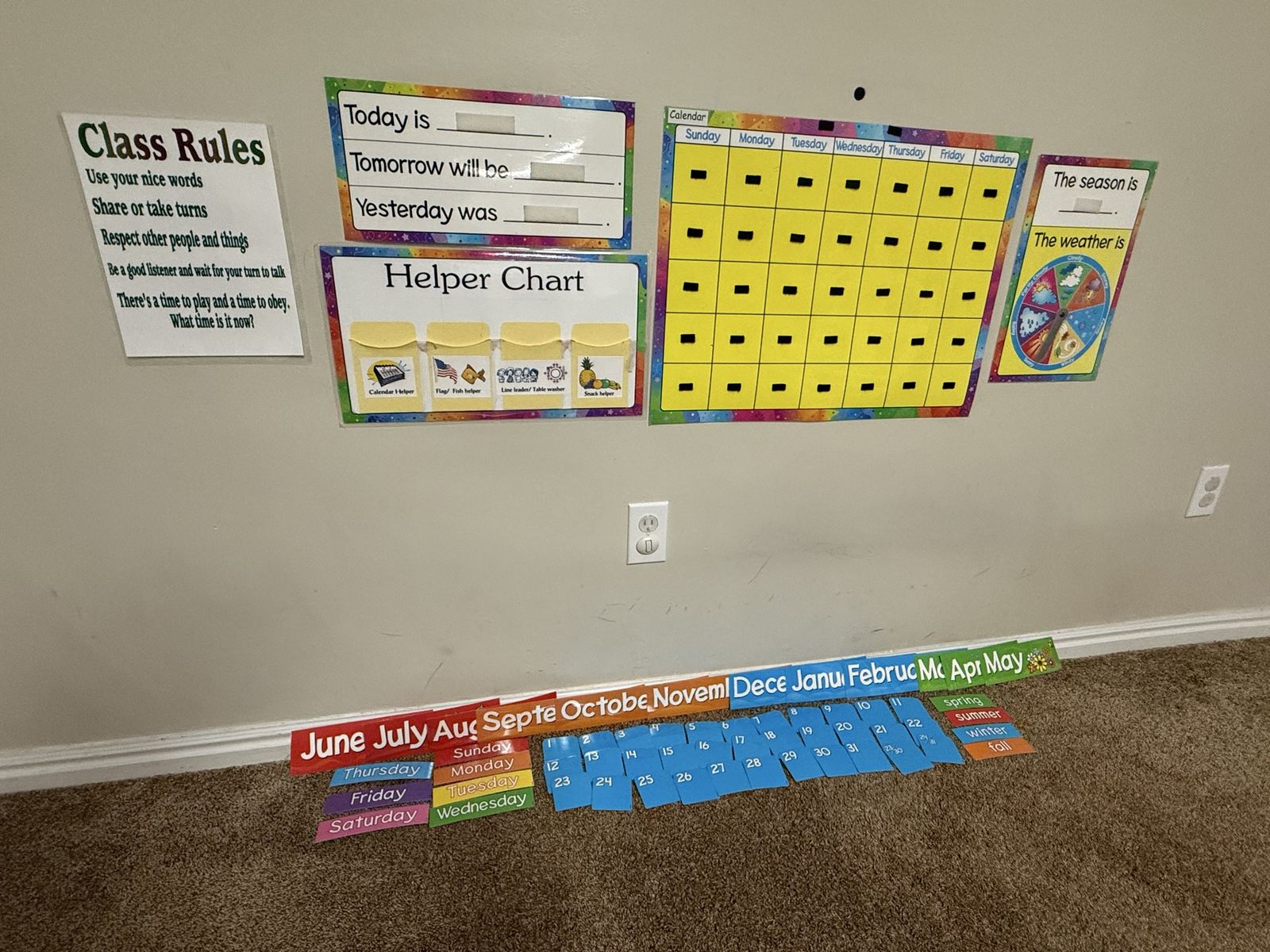 Educational Wall Chart Set: Calendar, Helper Chart, Weather, Class Rules, Letters & Numbers, shapes, color decor, etc.