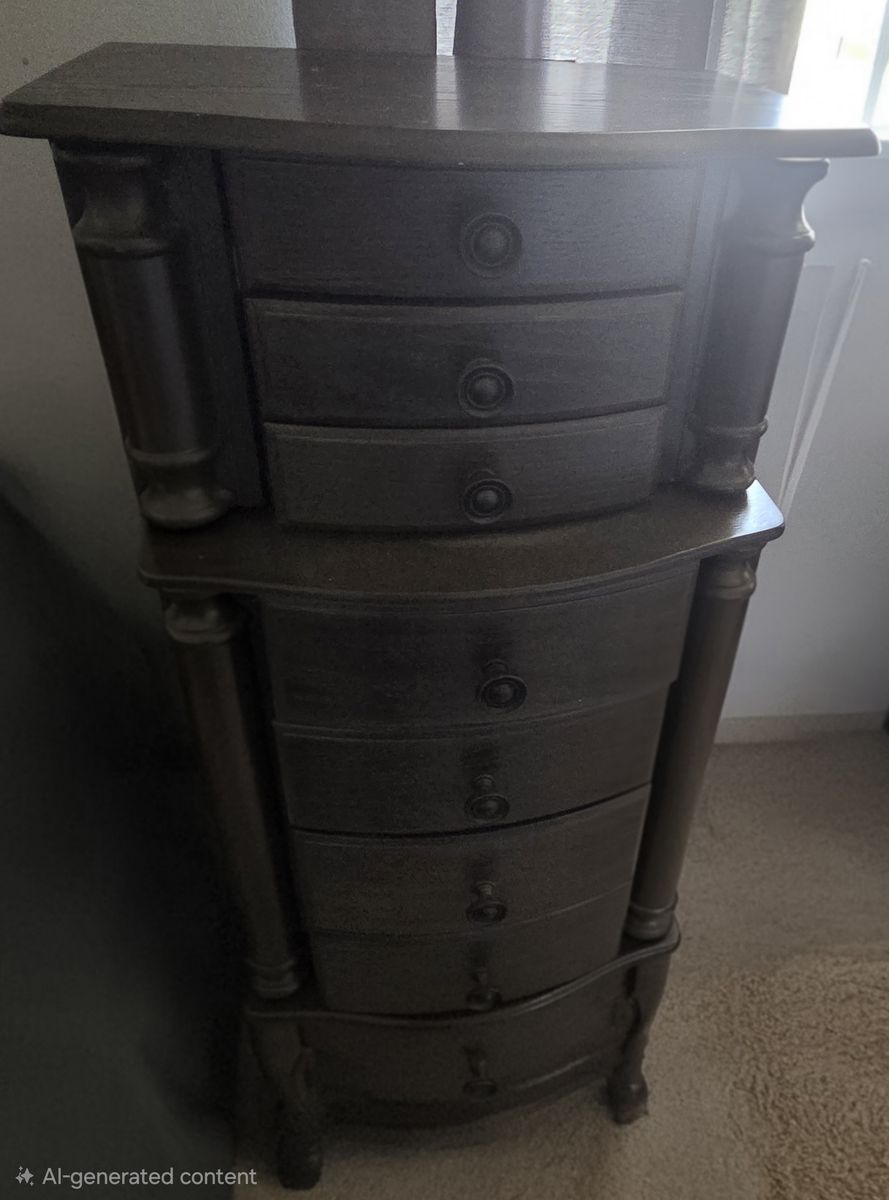 Elegant Dark Wood Standing Jewelry Armoire with Mirror and Multiple Drawers