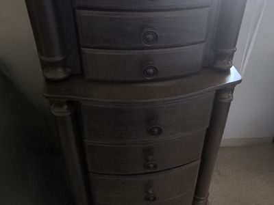 Elegant Dark Wood Standing Jewelry Armoire with Mirror and Multiple Drawers