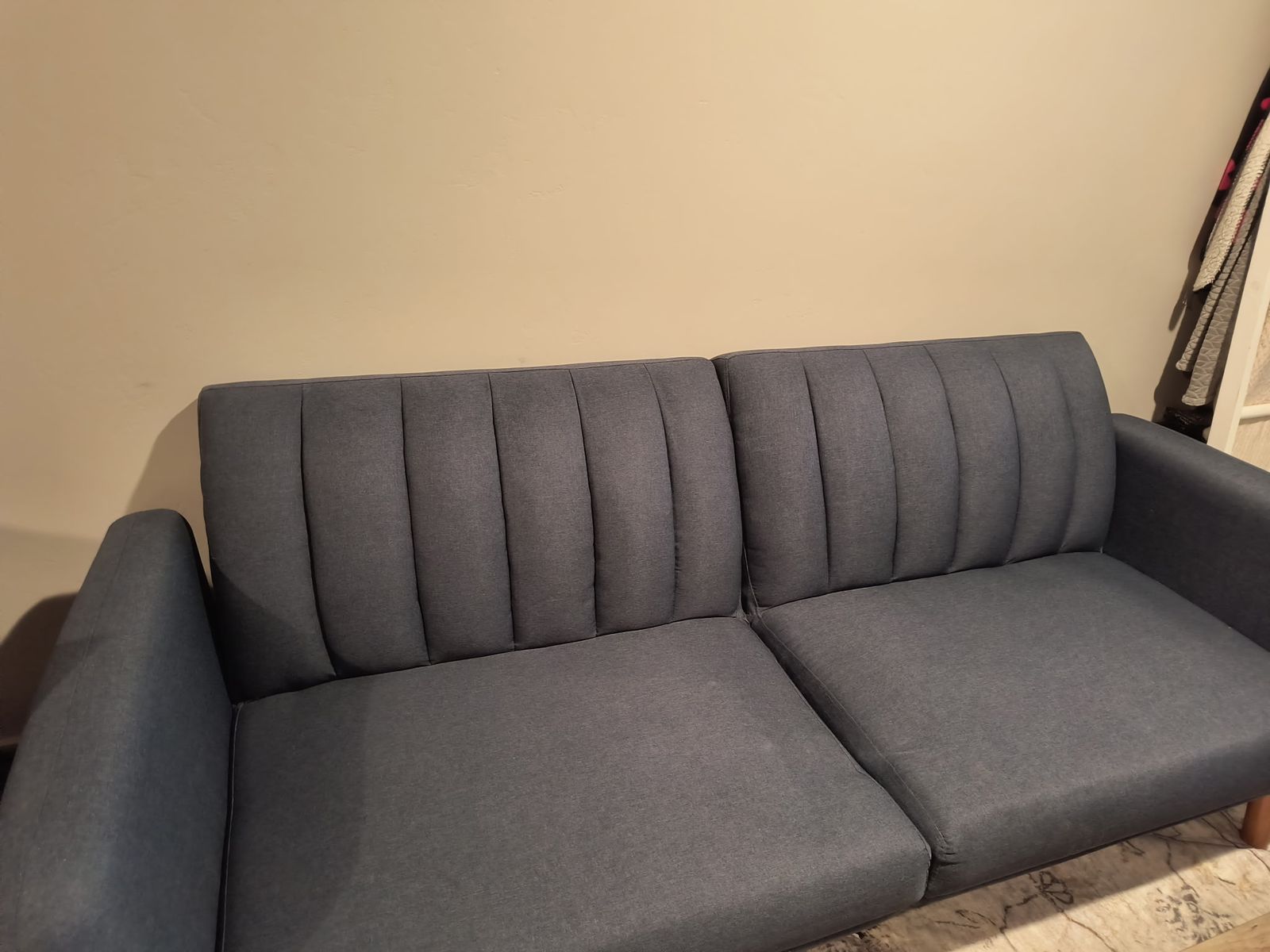 Modern blue Fabric Futon - Compact Design, Wood Legs