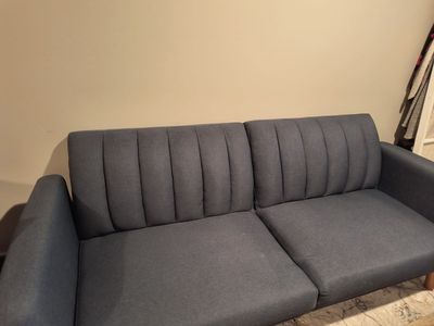 Modern blue Fabric Futon - Compact Design, Wood Legs