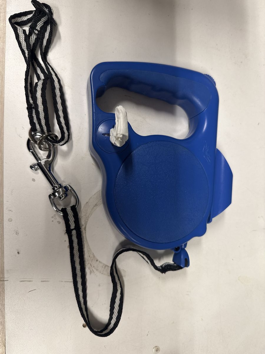 Blue Retractable Dog Leash with Black and White Webbing Strap with built-in poop bag dispenser