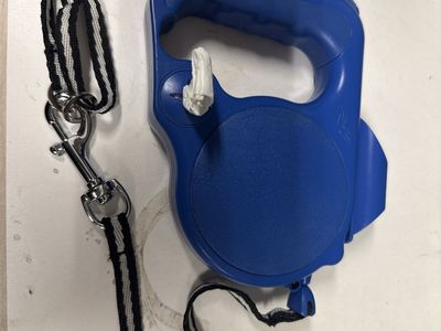 Blue Retractable Dog Leash with Black and White Webbing Strap with built-in poop bag dispenser