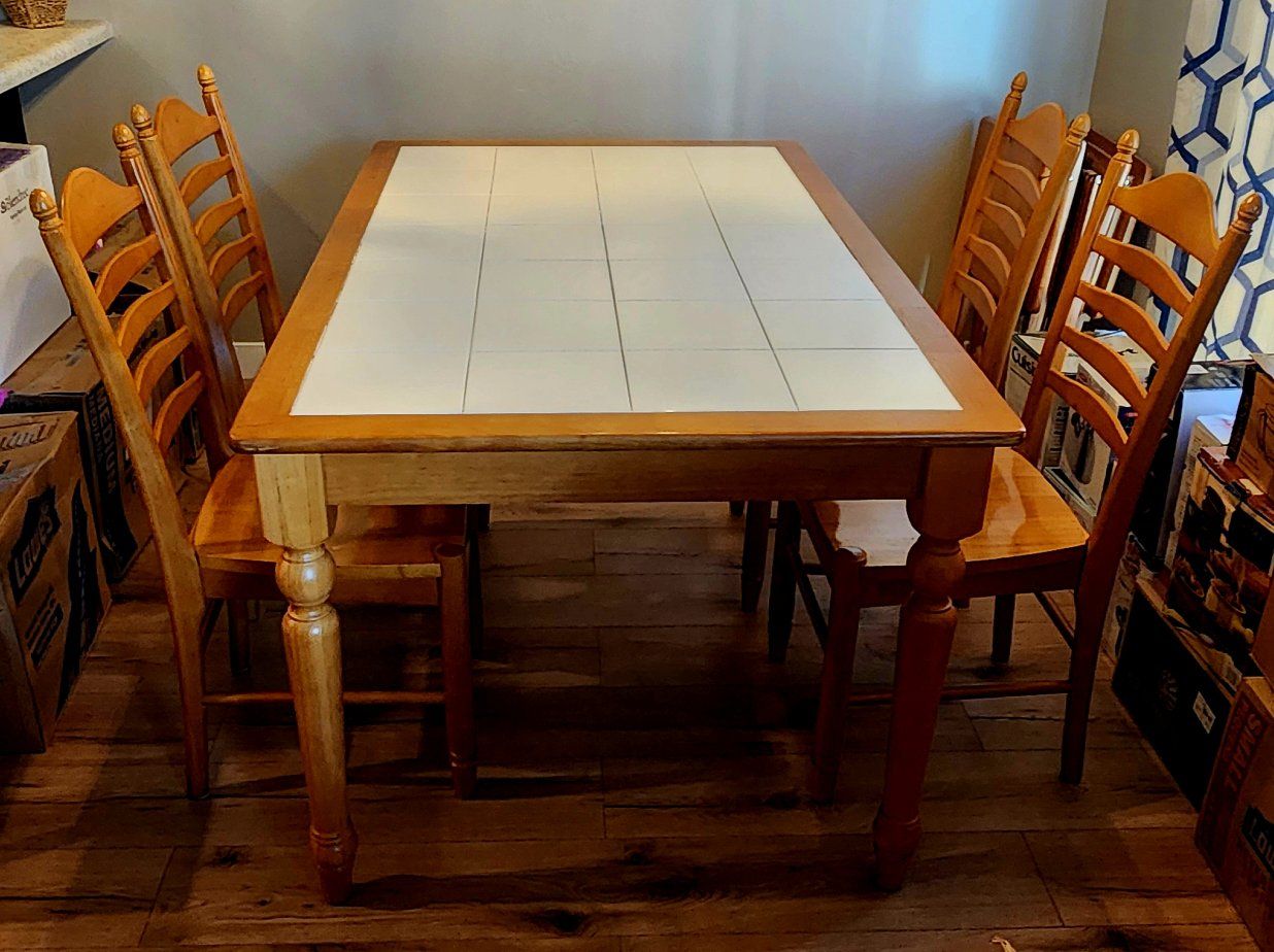Wood Dining Table with Tile Top & 4 Ladder Back Chairs