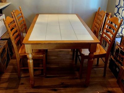Wood Dining Table with Tile Top & 4 Ladder Back Chairs