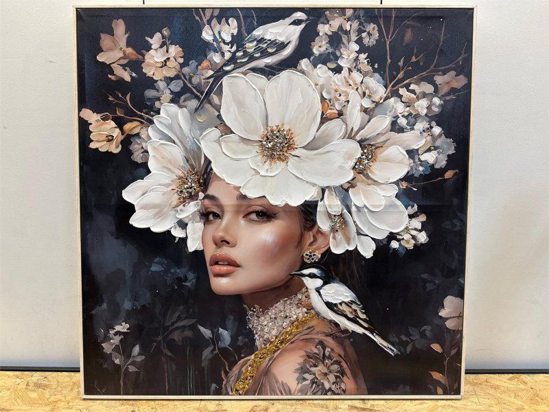 framed floral woman portrait with birds canvas wall art