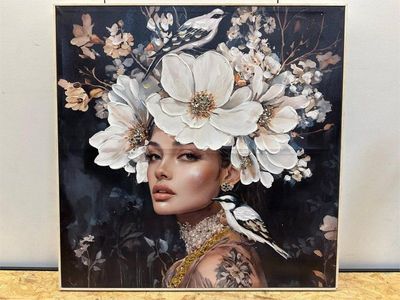 framed floral woman portrait with birds canvas wall art