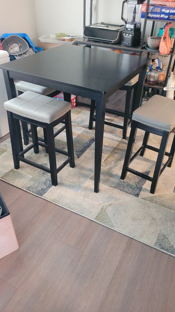 Square counter Height Dining Table & 4 Stools - Black Wood, Grey Faux Leather, 35.5" Tabletop