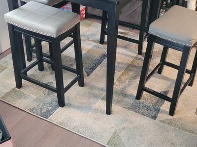 Square counter Height Dining Table & 4 Stools - Black Wood, Grey Faux Leather, 35.5" Tabletop