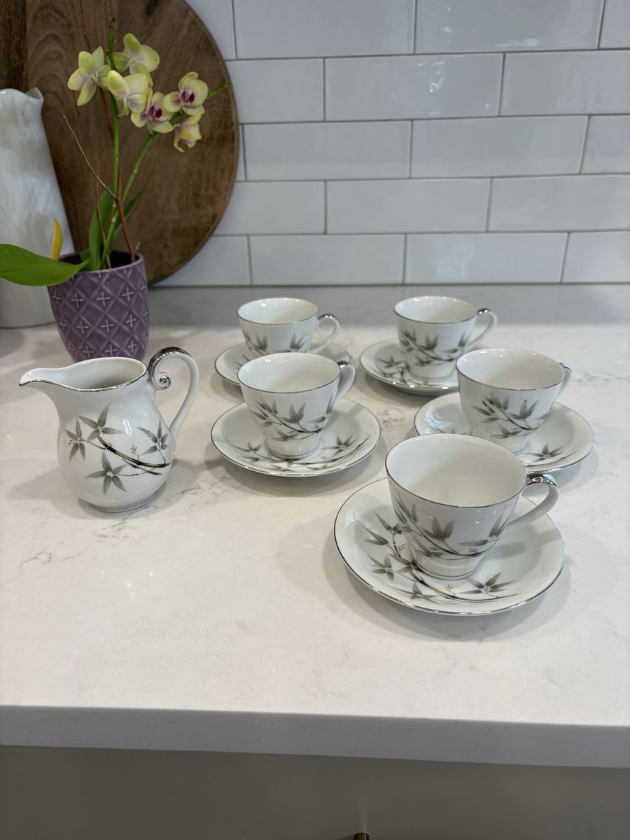 Vintage Japanese Bamboo Demitasse Espresso Cups & Saucers Set with Creamer (6 Sets + 1 Creamer)