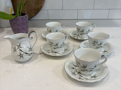 Vintage Japanese Bamboo Demitasse Espresso Cups & Saucers Set with Creamer (6 Sets + 1 Creamer)