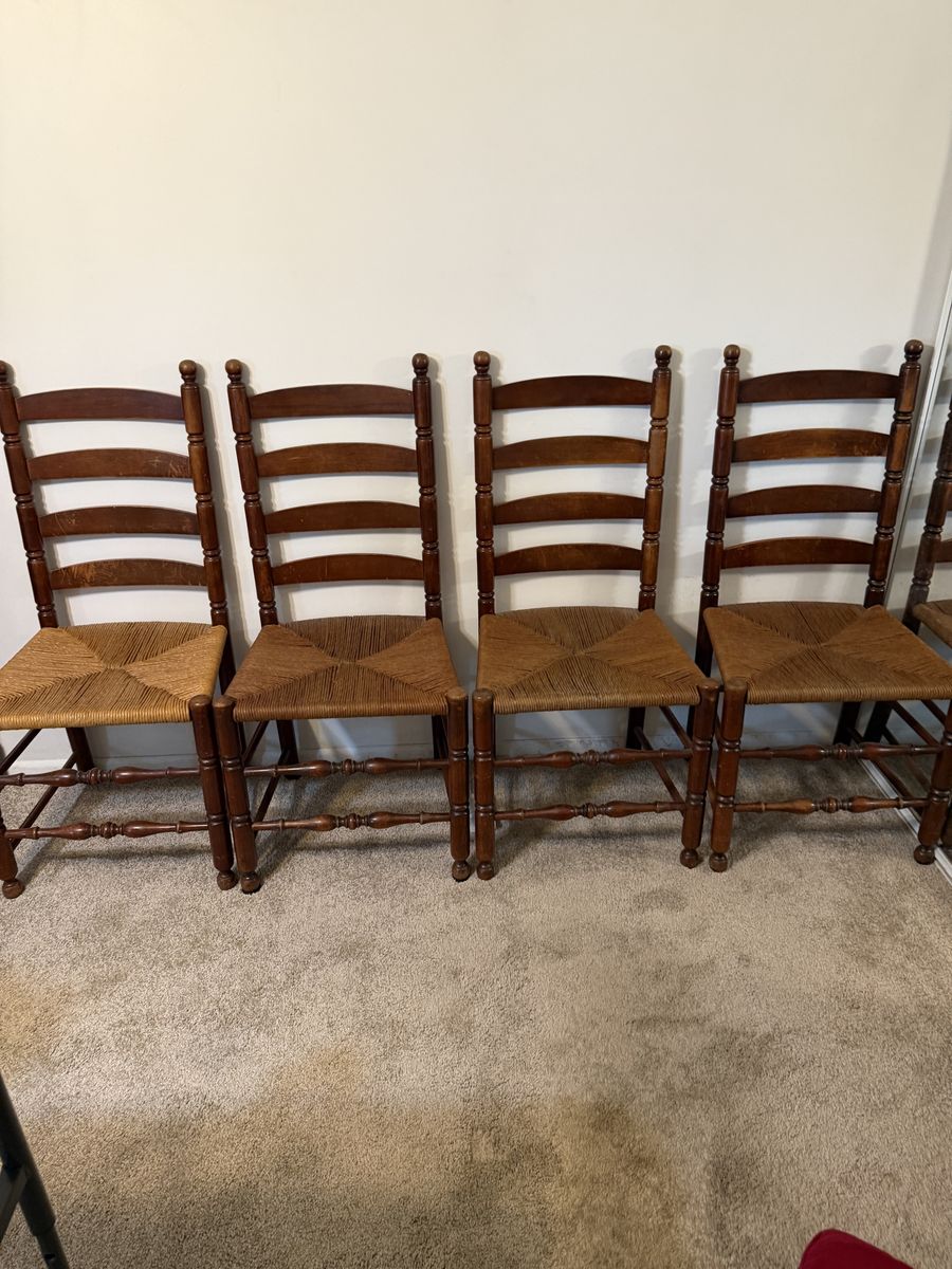 Vintage Ladder Back Rush Seat Dining Chairs - Set of 4 Wooden Farmhouse Style