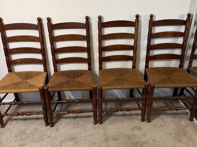 Vintage Ladder Back Rush Seat Dining Chairs - Set of 4 Wooden Farmhouse Style
