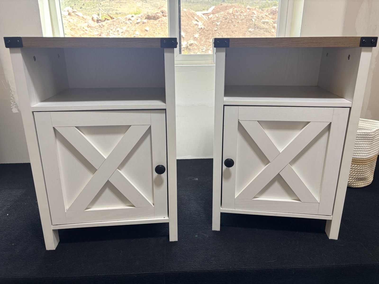 Farmhouse Style Nightstands - Pair of White & Wood End Tables with Cabinet & Shelf
