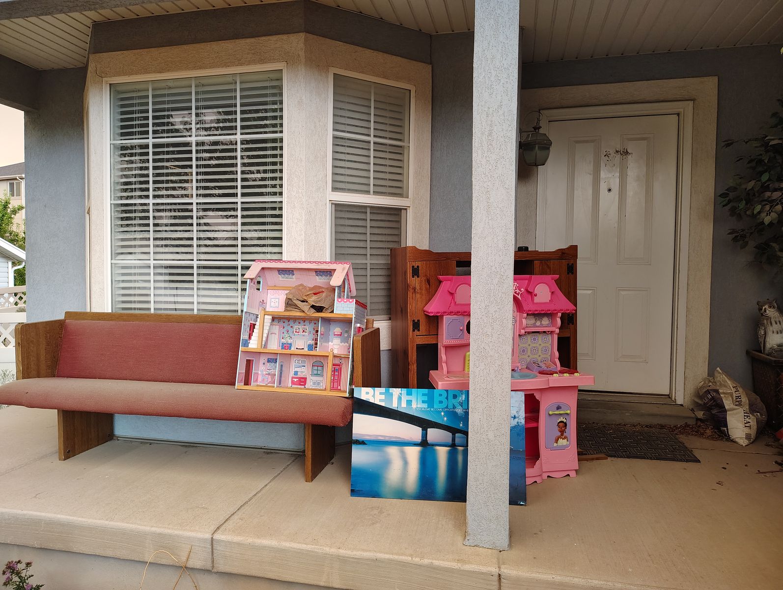 Pew bench, dollhouse, Disney play kitchen, entertainment center, mounted poster