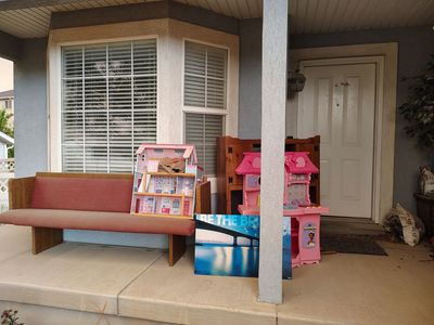Pew bench, dollhouse, Disney play kitchen, entertainment center, mounted poster
