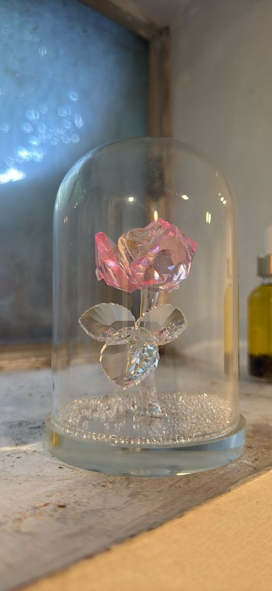 Crystal Rose in Glass Dome - Pink Glass Flower Figurine Decoration