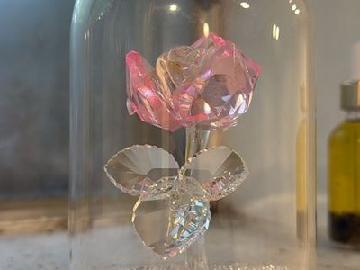 Crystal Rose in Glass Dome - Pink Glass Flower Figurine Decoration