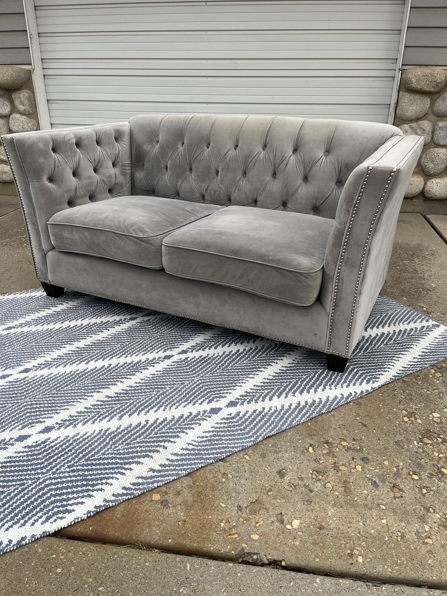 Grey Velvet Tufted Chesterfield Loveseat w/ Nailhead Trim