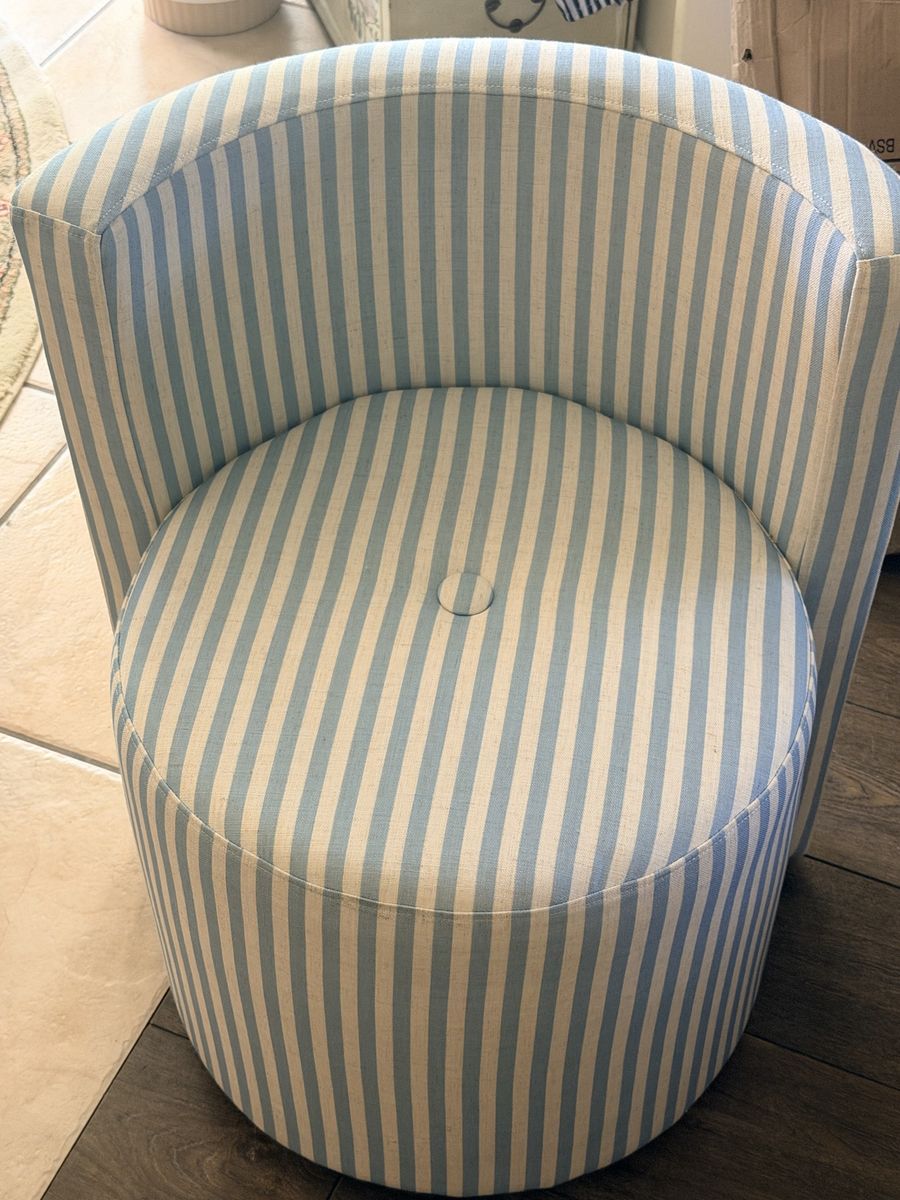 New. TOV Stylish Blue & White Striped Barrel Accent Chair with Casters - Comfortable & Versatile Seating