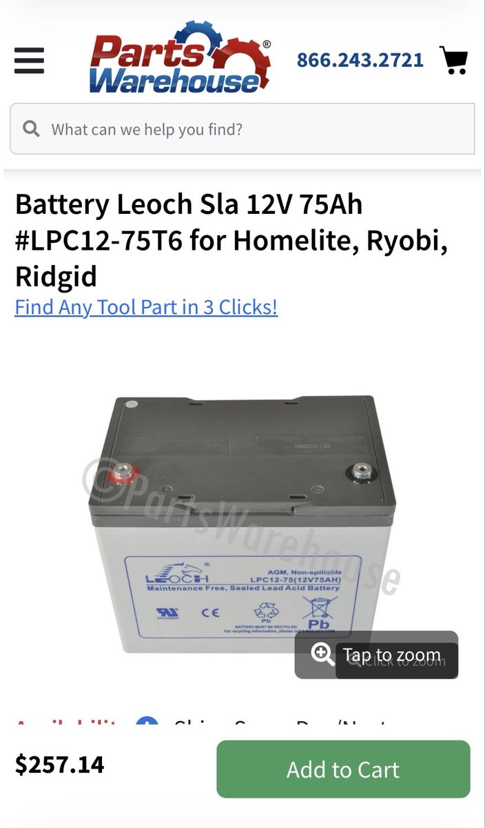 Leoch LPC12-75T6 SLA 12V 75Ah Sealed Lead Acid Battery for Homelite, Ryobi, Ridgid