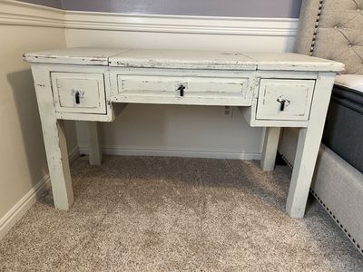 Solid Wood Desk/Vanity with Mirror - 51" W Distressed White Shabby Chic.