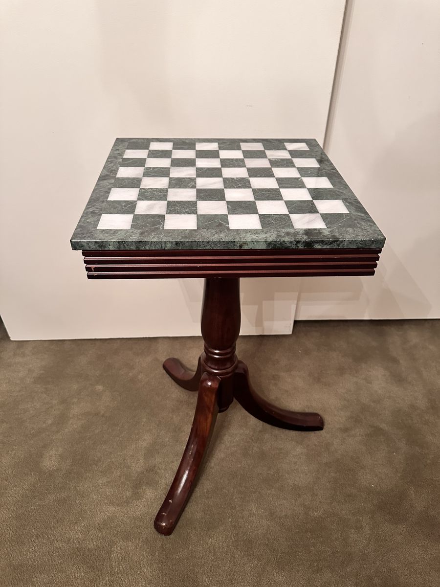Vintage Marble Top Chess Table with Wooden Pedestal Base