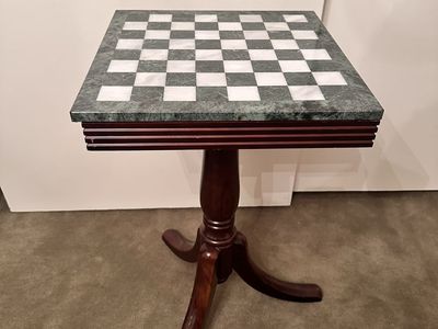 Vintage Marble Top Chess Table with Wooden Pedestal Base