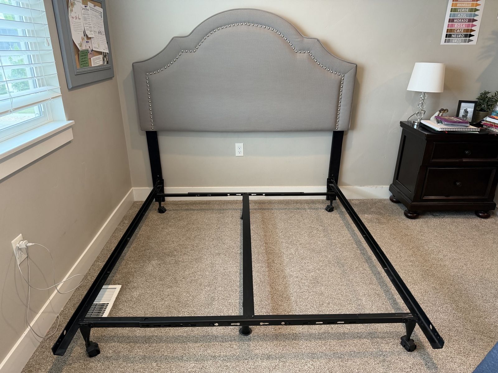Upholstered Queen Bed Frame with Tufted Headboard and Metal Base - Gray Fabric, Studded Accents