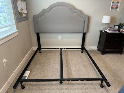 Upholstered Queen Bed Frame with Tufted Headboard and Metal Base - Gray Fabric, Studded Accents
