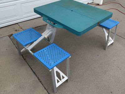 Portable Folding Picnic Table with 4 Seats - Teal Top, Blue Seats - Outdoor Camping