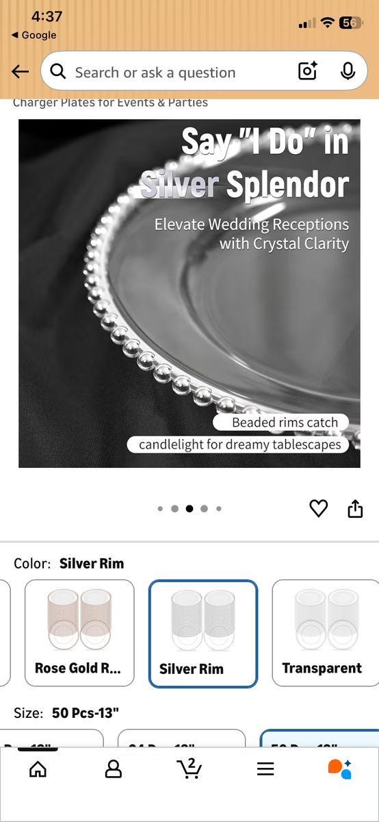 50-Piece Set Clear 13" Charger Plates with Silver Beaded Rim