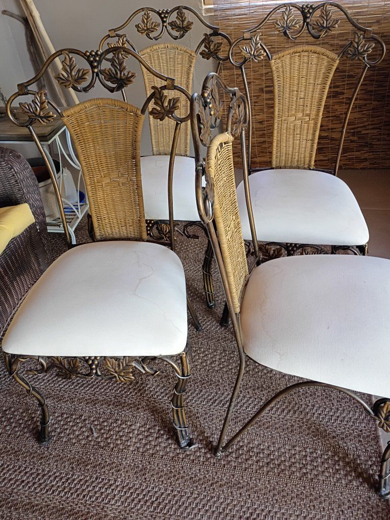 Set of 4 Vintage Wrought Iron & Wicker Dining Chairs with Grapevine Motif - White Cushions