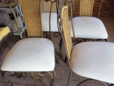 Set of 4 Vintage Wrought Iron & Wicker Dining Chairs with Grapevine Motif - White Cushions