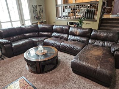 Brown Leather Sectional Sofa – Recliner + Chaise, Good Condition
