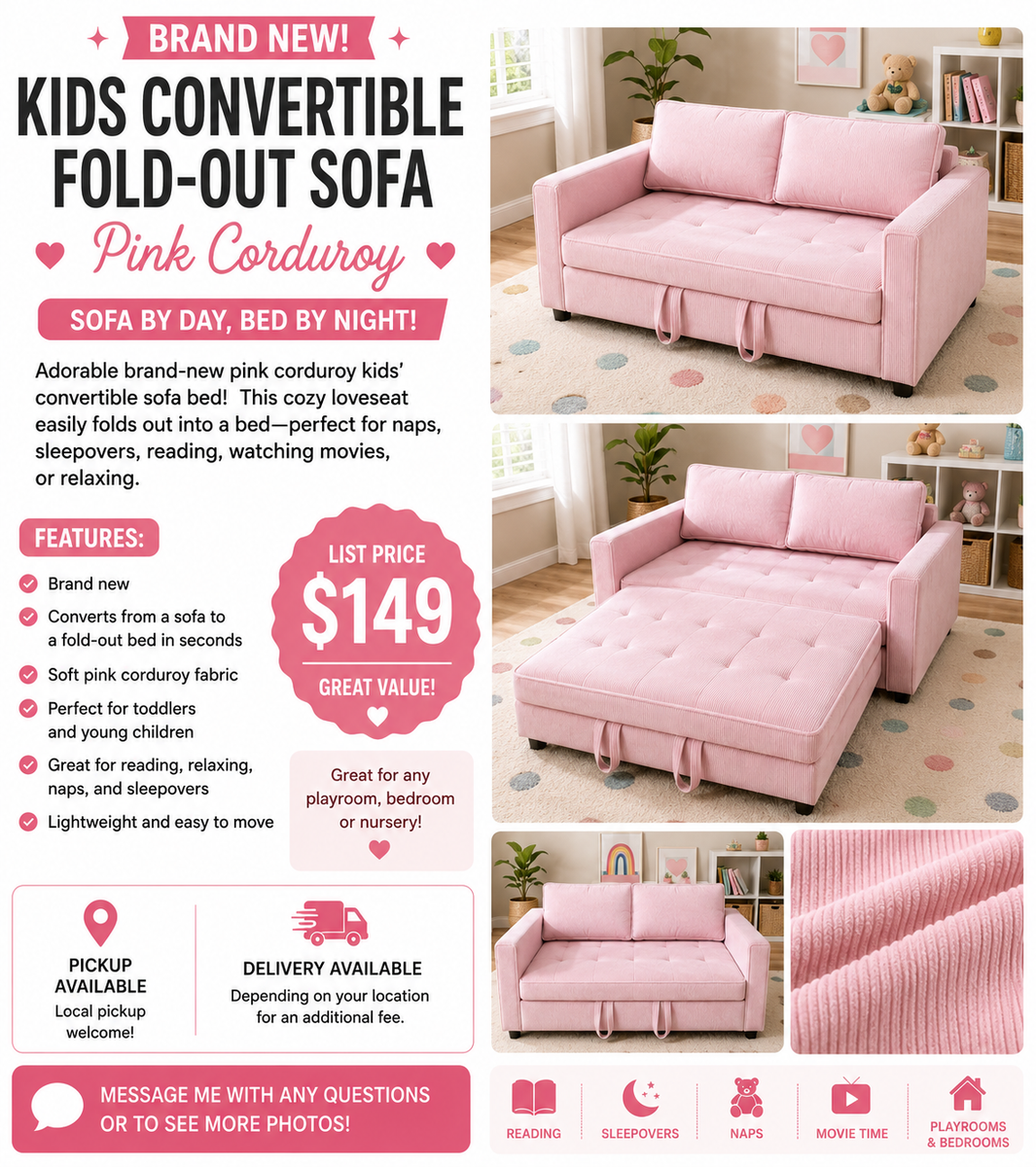 Brand New Kids Convertible Fold-Out Sofa – Pink Corduroy