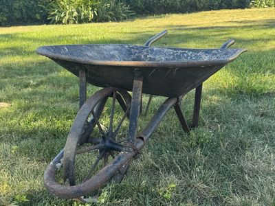 Antique Metal Wheelbarrow with Spoked Cast Iron Wheel – Rustic Garden Decor