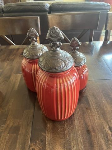 Set of 3 Decorative Red Canisters with Ornate Lids
