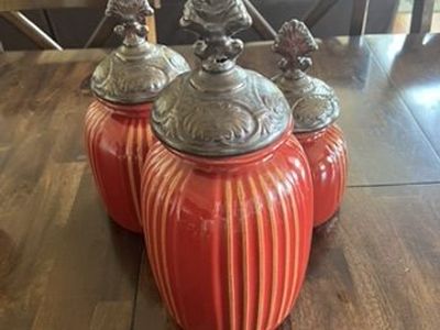 Set of 3 Decorative Red Canisters with Ornate Lids