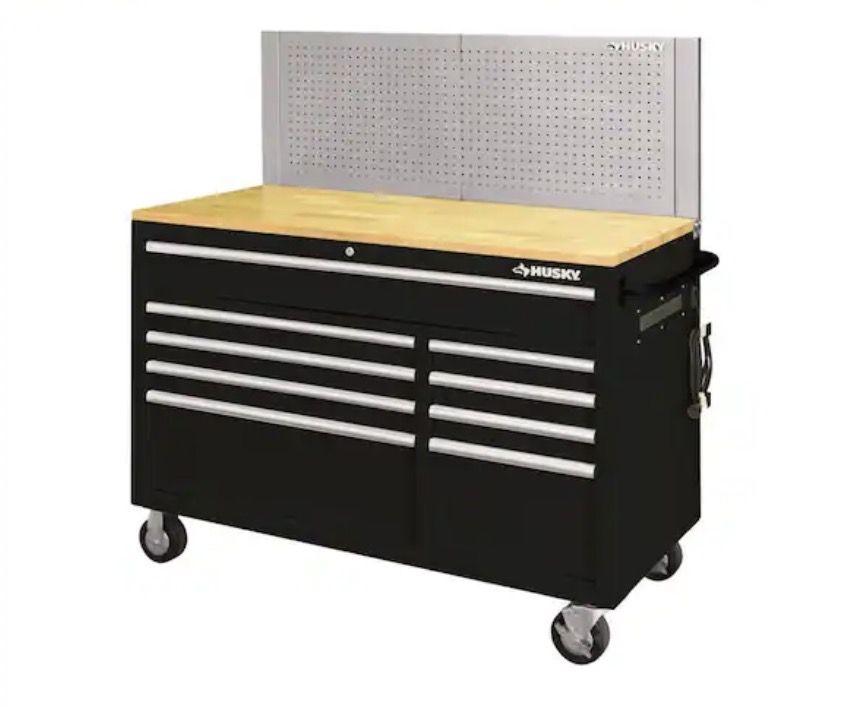 Husky 52 in. W x 24.5 in. D 9-Drawer Standard Duty Mobile Workbench Tool Chest with Solid Work Top and Pegboard in Gloss Black