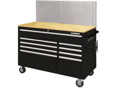 Husky 52 in. W x 24.5 in. D 9-Drawer Standard Duty Mobile Workbench Tool Chest with Solid Work Top and Pegboard in Gloss Black