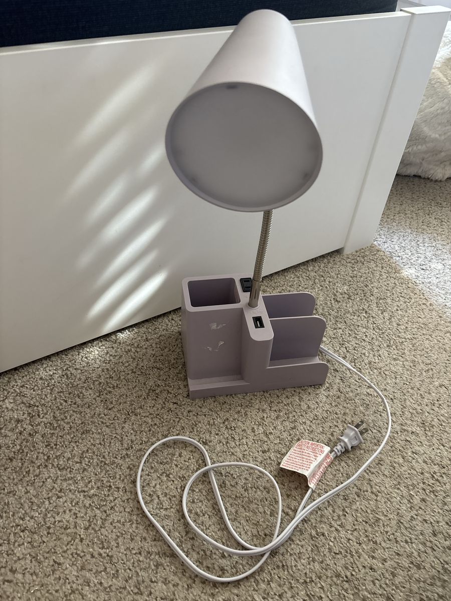 Purple Desk Lamp with Flexible Gooseneck, Built-In Organizer, and USB Port