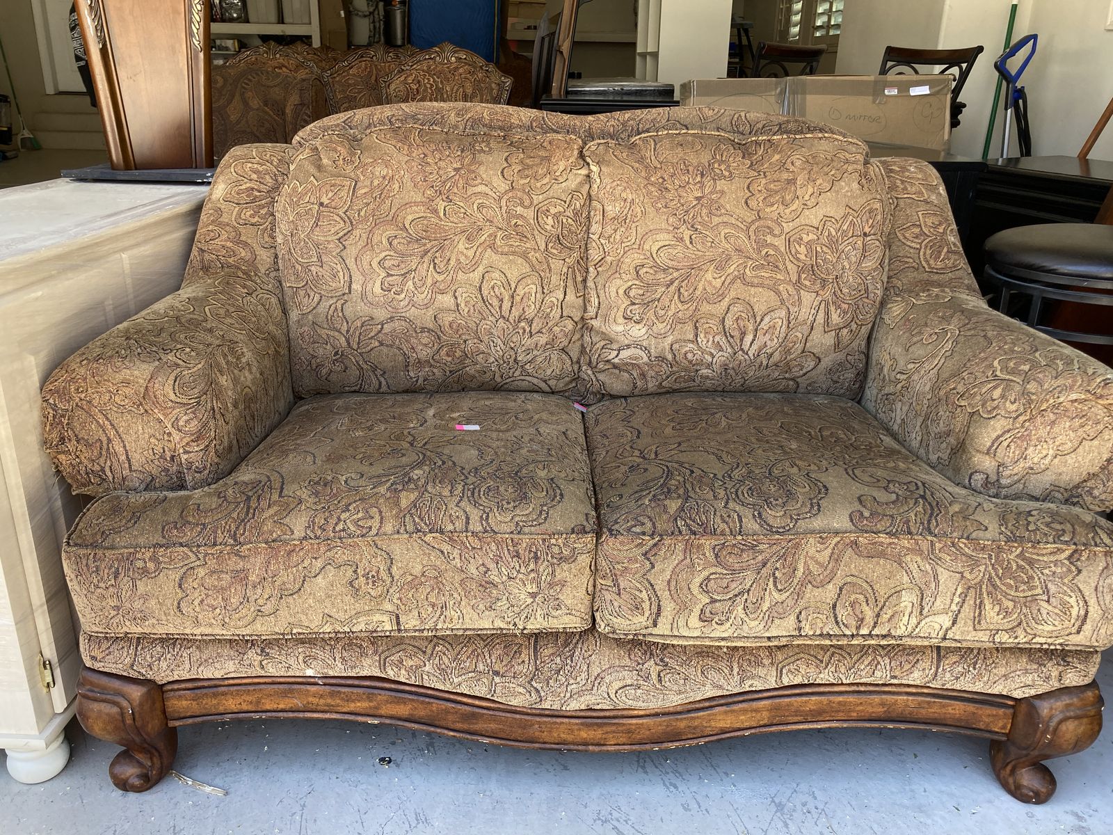 Ornate Wood & Fabric Loveseat - Paisley Pattern, Traditional Style, Excellent Condition