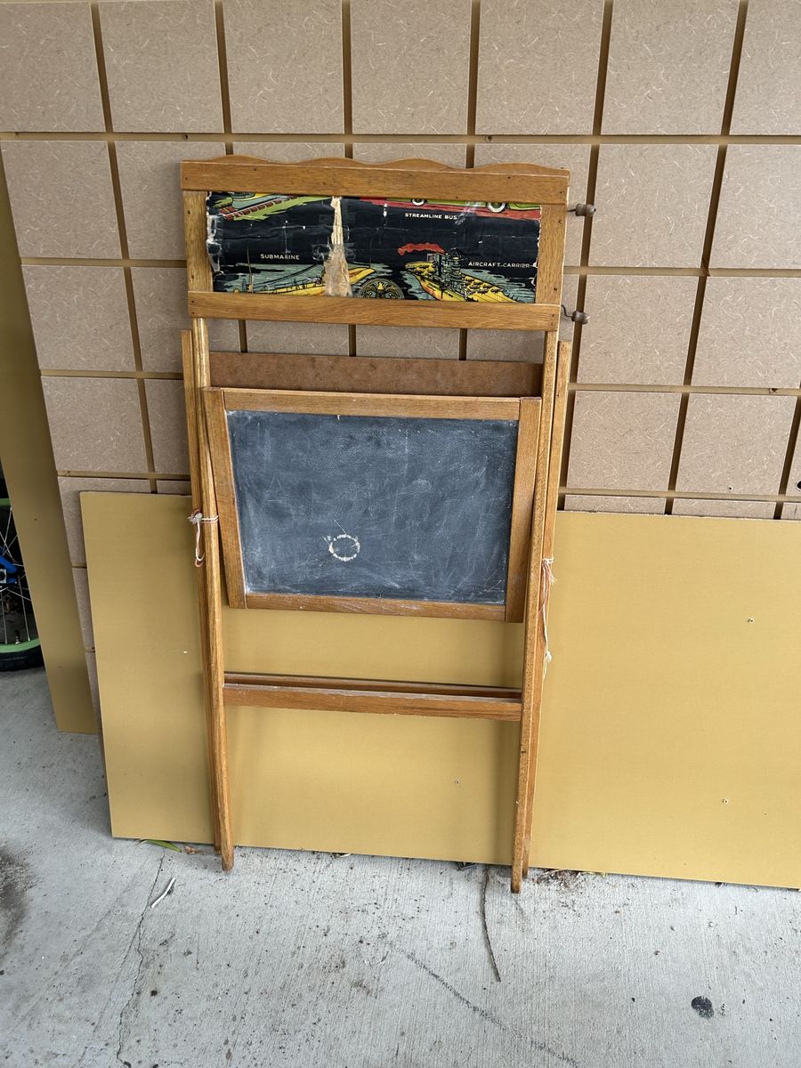 Vintage Wooden Children's Easel and Chalkboard with Illustrated Scroll