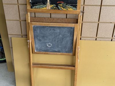 Vintage Wooden Children's Easel and Chalkboard with Illustrated Scroll