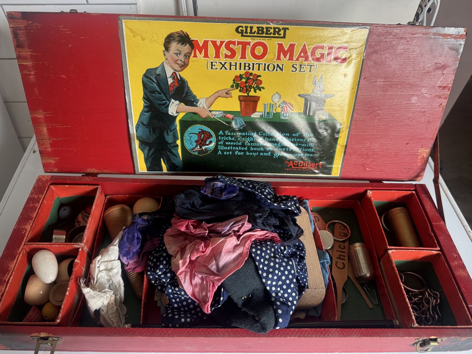 Vintage A.C. Gilbert Mysto Magic Exhibition Set Wooden Box Tricks Props