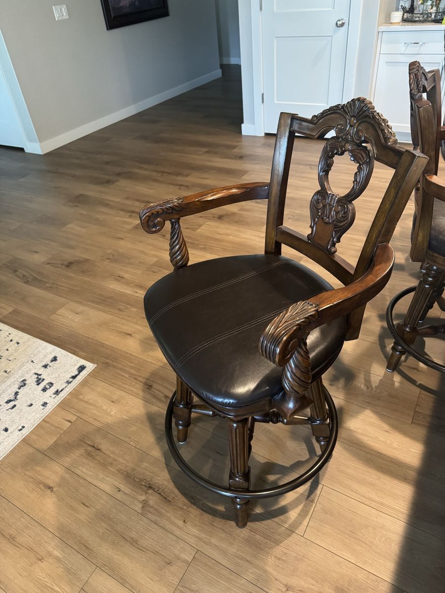 Set of 3  Wooden Swivel Bar Stools with Leather Seats - Dark Brown, Carved Details