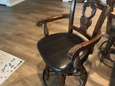 Set of 3 Wooden Swivel Bar Stools with Leather Seats - Dark Brown, Carved Details