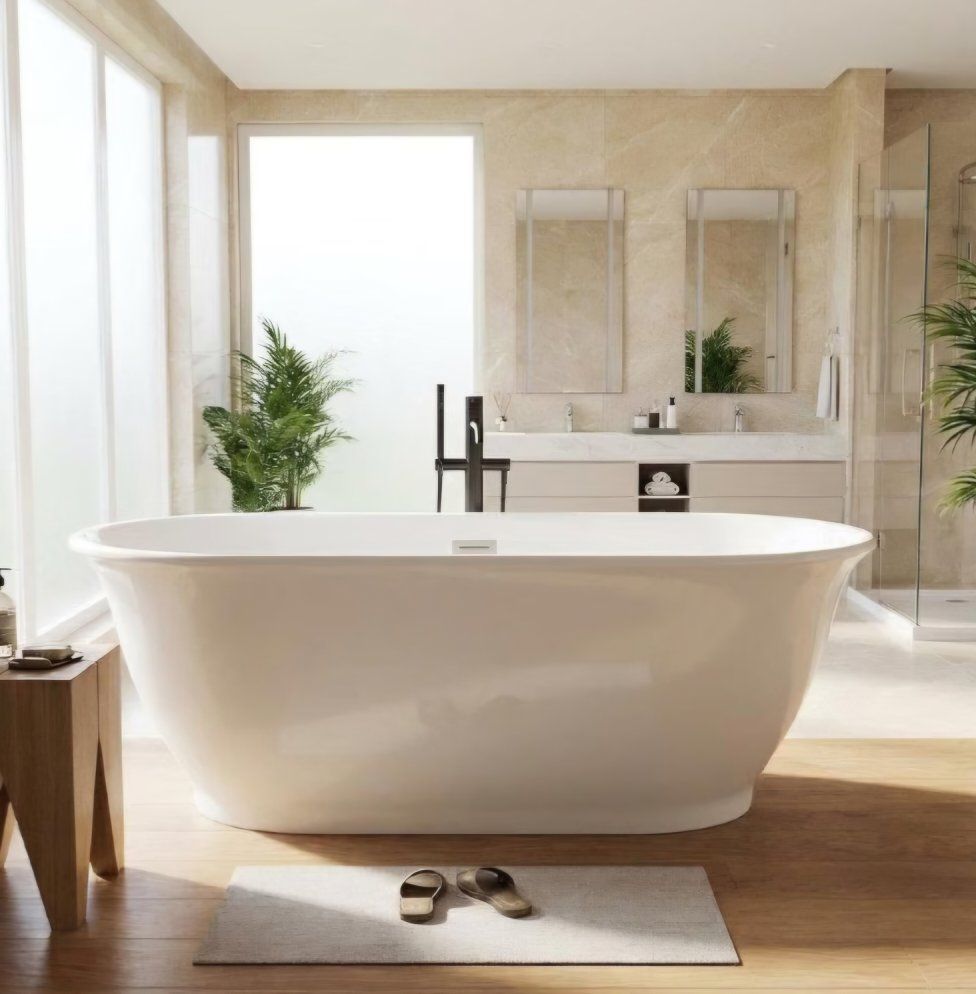 59 Inch Freestanding Bathtub, Luxury Oval-Shaped Acrylic Soaking Tub, Modern Stand Alone Bathtub for Adults with Pop-Up Chrome D