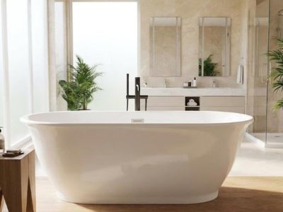 59 Inch Freestanding Bathtub, Luxury Oval-Shaped Acrylic Soaking Tub, Modern Stand Alone Bathtub for Adults with Pop-Up Chrome D